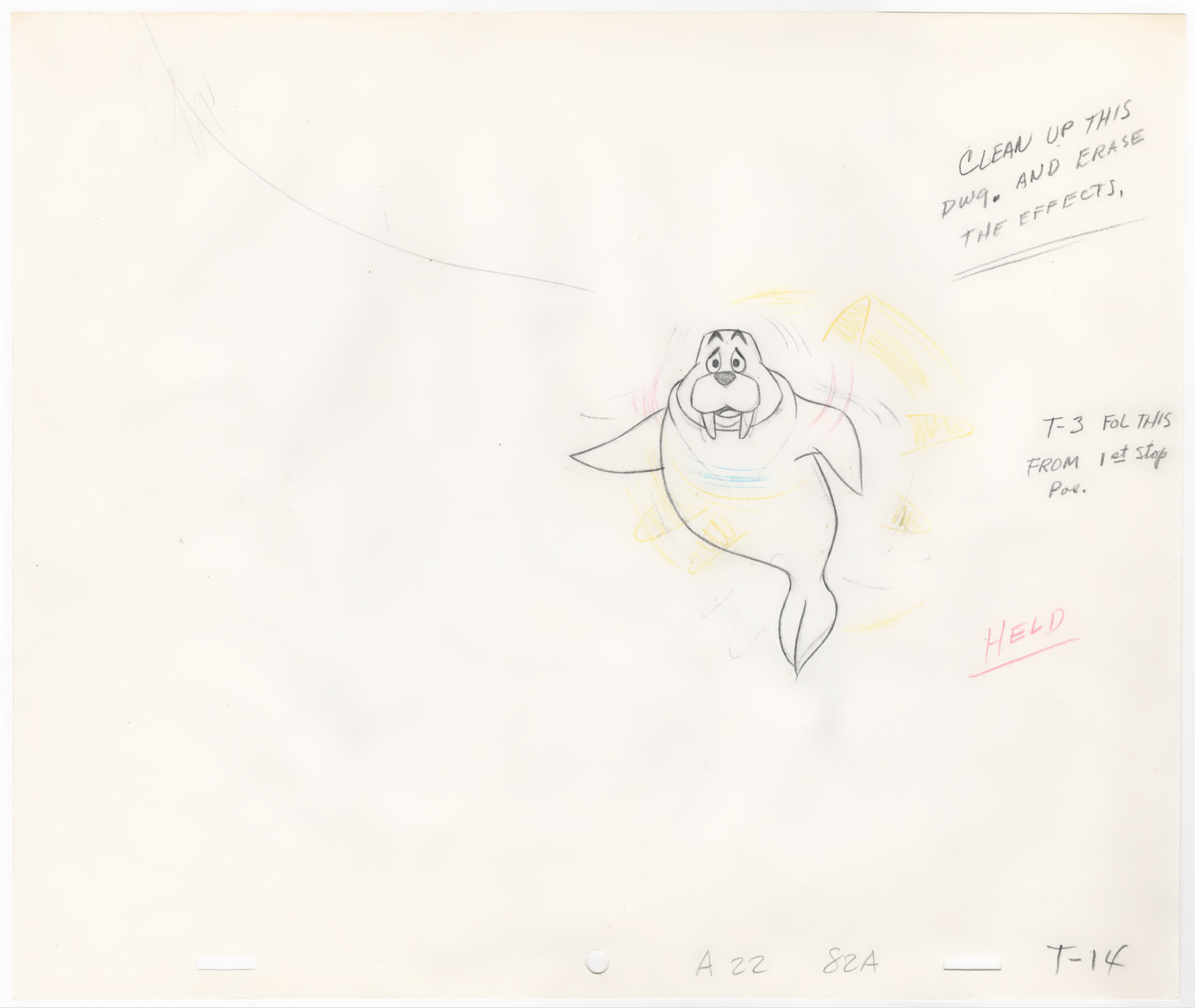 A hand-drawn animation sketch featuring a cartoon character with a large nose and teeth, with notes and annotations on the paper indicating instructions for cleanup and coloring.