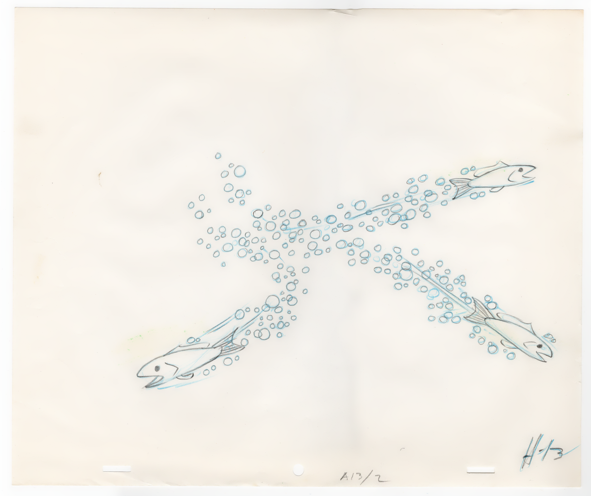 A hand-drawn illustration of two fish swimming among bubbles on a white background.