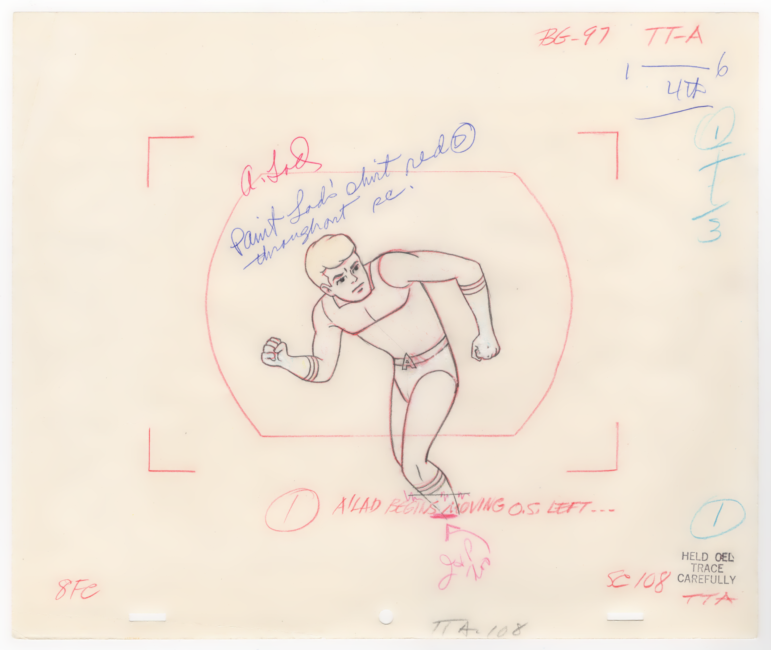 Colorful diagram with handwritten notes, sketches, and calculations related to physical exercises or movements, featuring a drawing of a person in a lunging pose with notes about something moving.