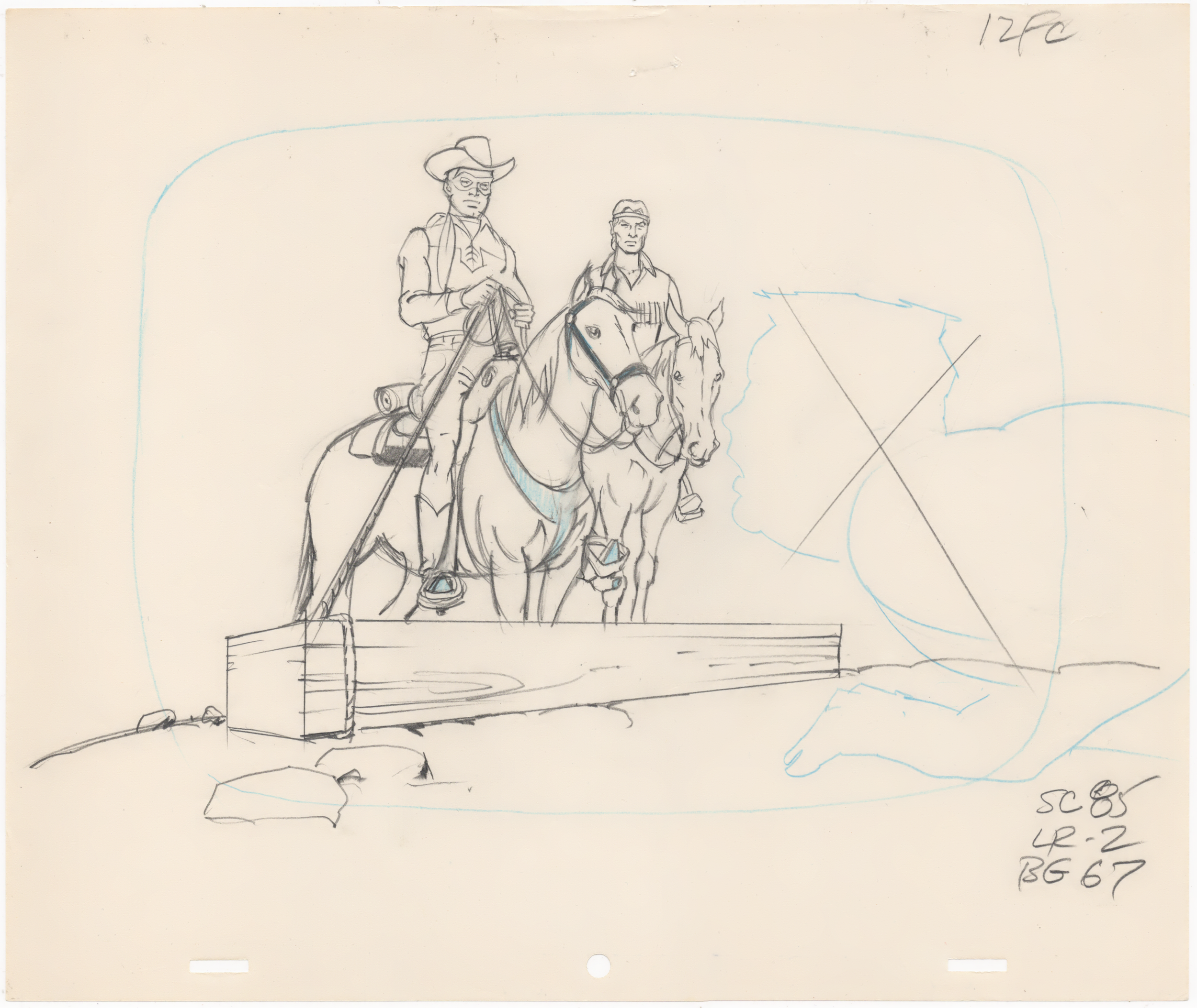A detailed hand-drawn sketch of two individuals on horseback, wearing hats and casual clothing, standing on an elevated platform with a basic outline of a background landscape.