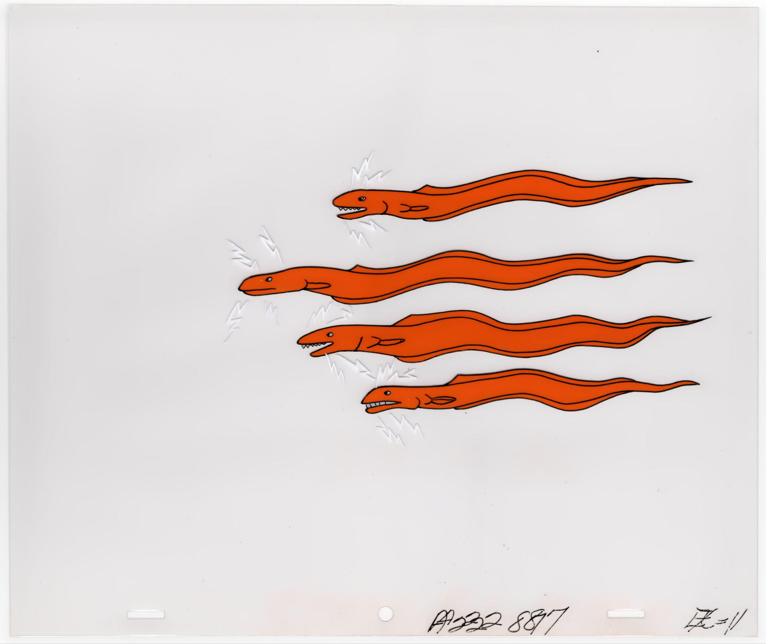 Illustration of five orange, long, cartoon-style fish with sharp teeth, emitting lightning bolts.