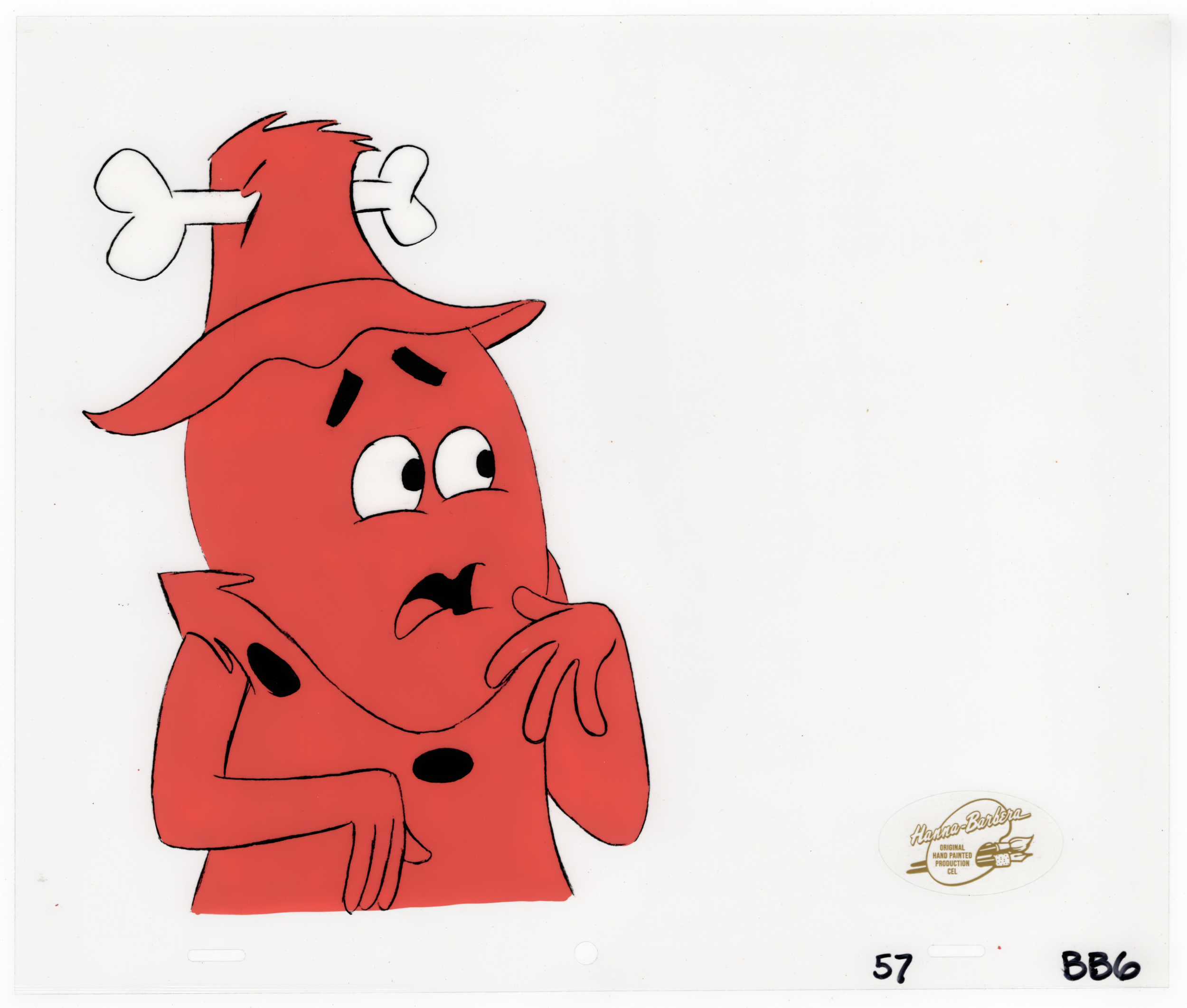 Drawing of a red cartoon dog with black spots, white eyes, and a red collar, looking up, with a white background.