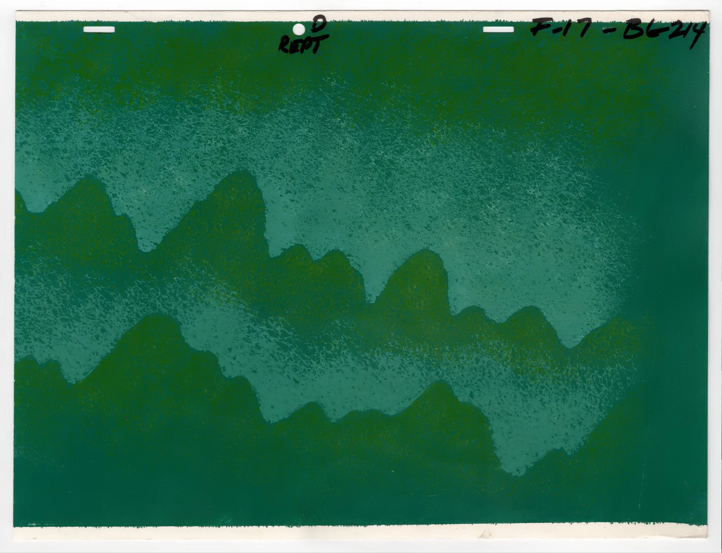 A green sheet of paper with black handwritten notes at the top, including the words 'REPORT' with a white dot above it and some alphanumeric codes.