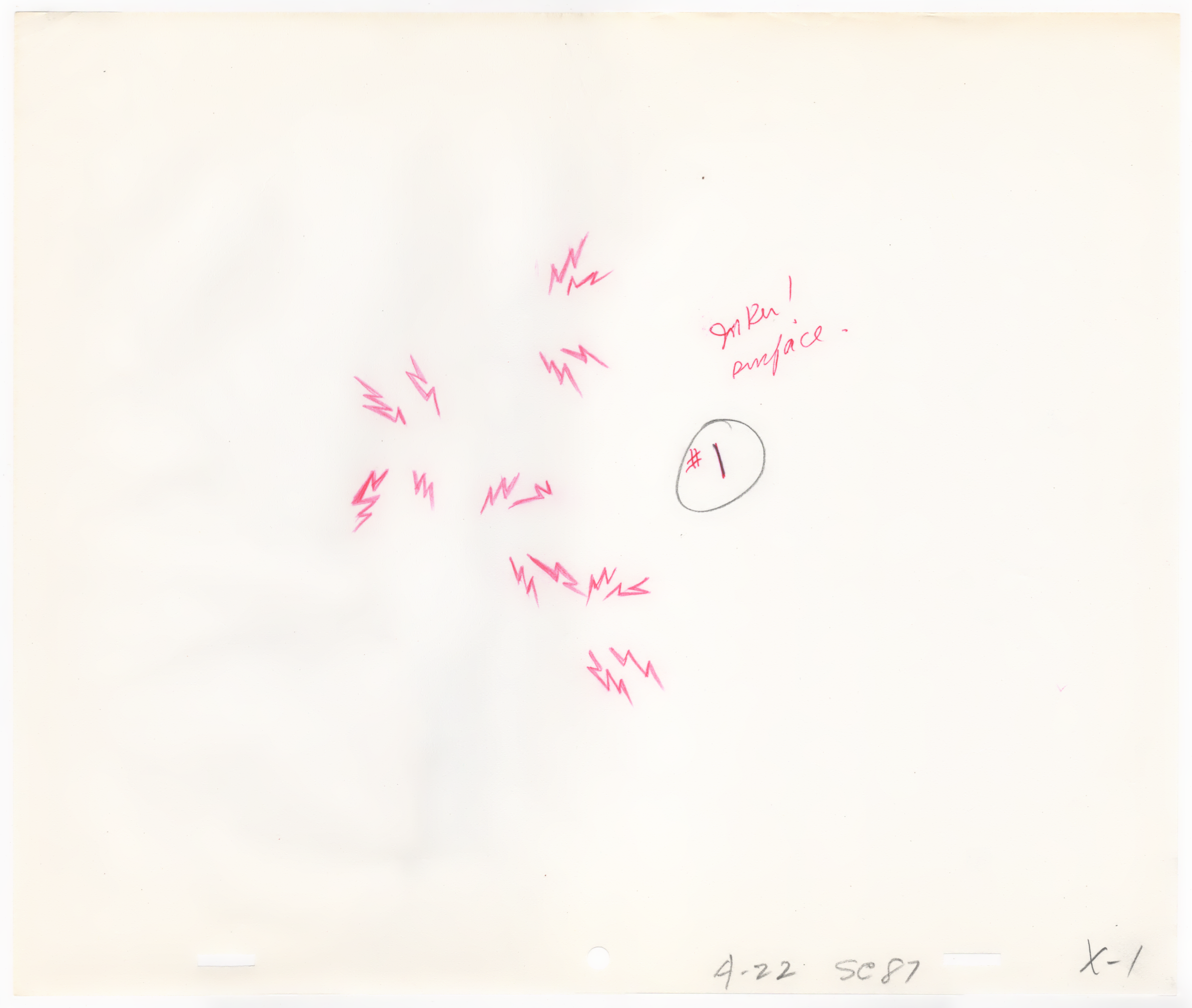 Handwritten notes and sketches with pink lightning bolt drawings and some text on whitepaper.