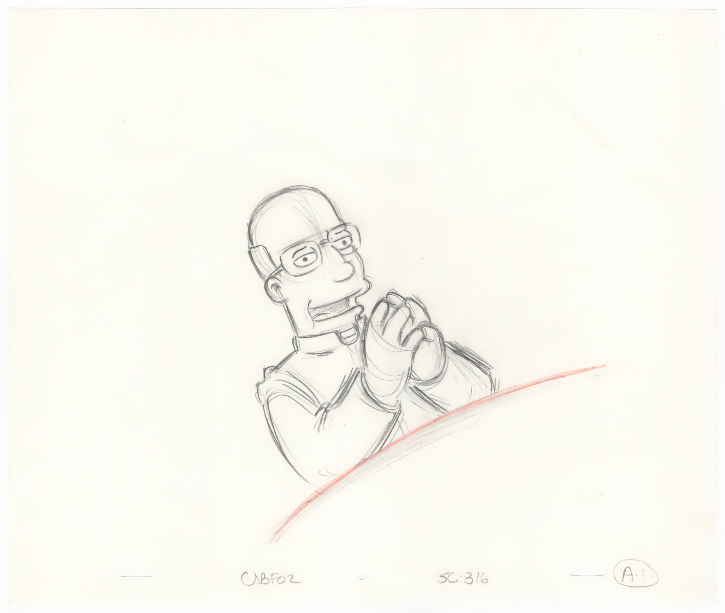 A pencil sketch of a person with glasses and a cheerful expression, resting chin on hands, wearing a shirt and sitting on a rounded surface.