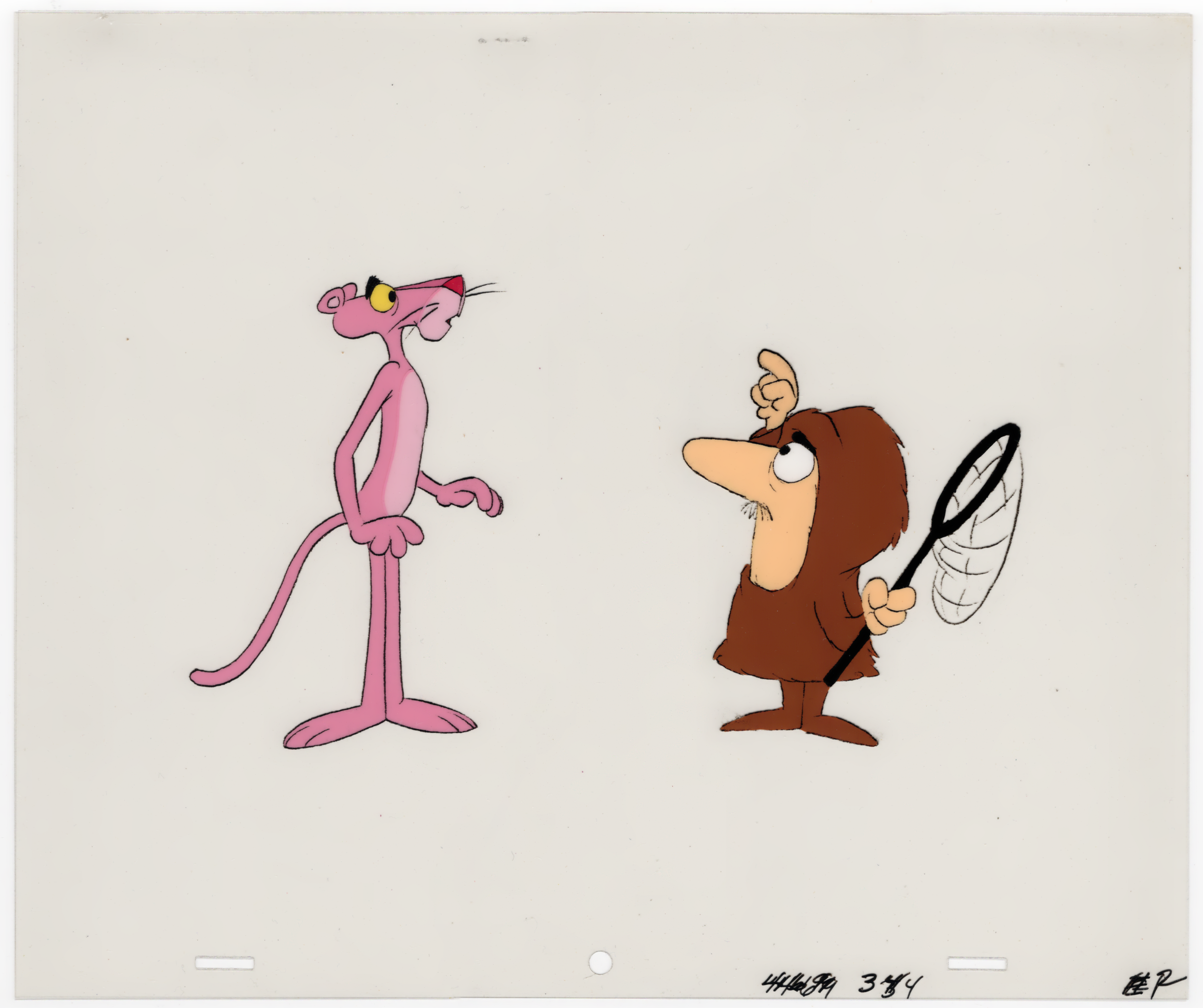 Hand-drawn animation scene featuring the characters Pink Panther and Daffy Duck, with Pink Panther looking up and Daffy Duck pointing upwards.