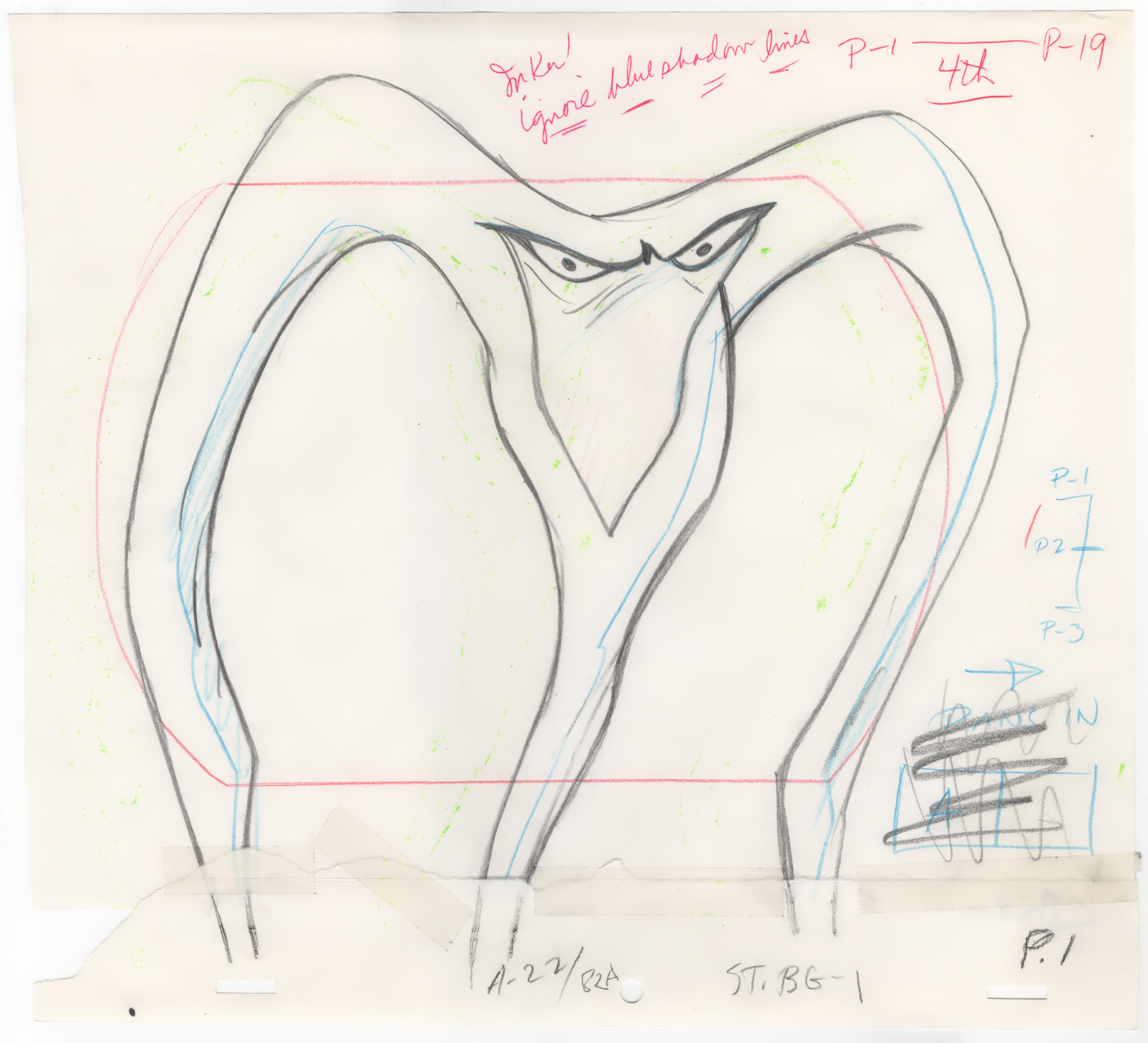 Sketch of a person's face with angular features, intense eyes, and a furrowed brow. Handwritten notes and diagrams surround the drawing, with red text at the top indicating 'ignore background lines' and references to different sections labeled P-1, P-19, P-2, P-3. The sketch appears to be a preliminary or conceptual design with a focus on facial details.