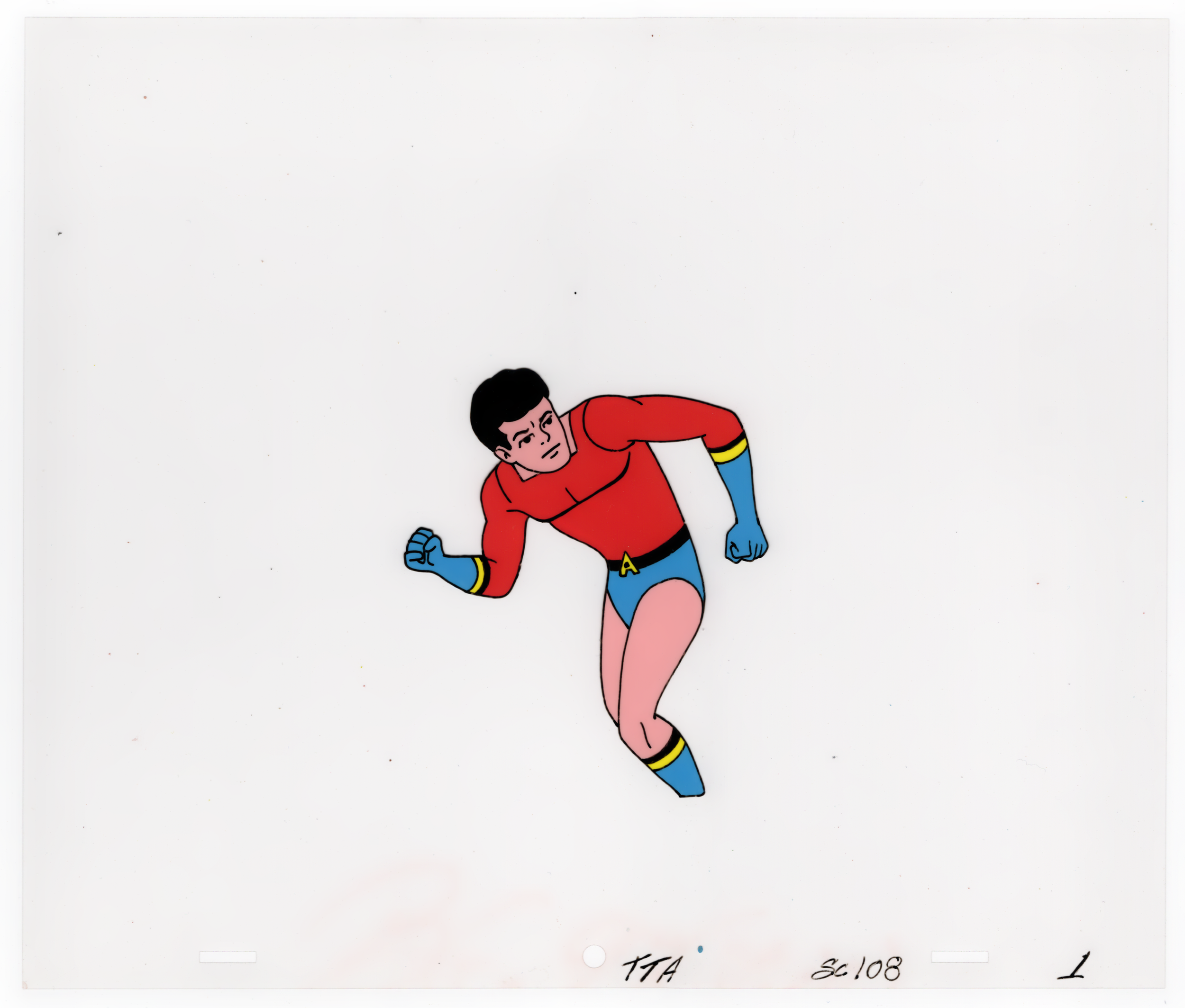 A hand-drawn illustration of a superhero wearing a red shirt, blue shorts, and blue gloves, with a yellow belt and a black mask on his face, posed with fists clenched.