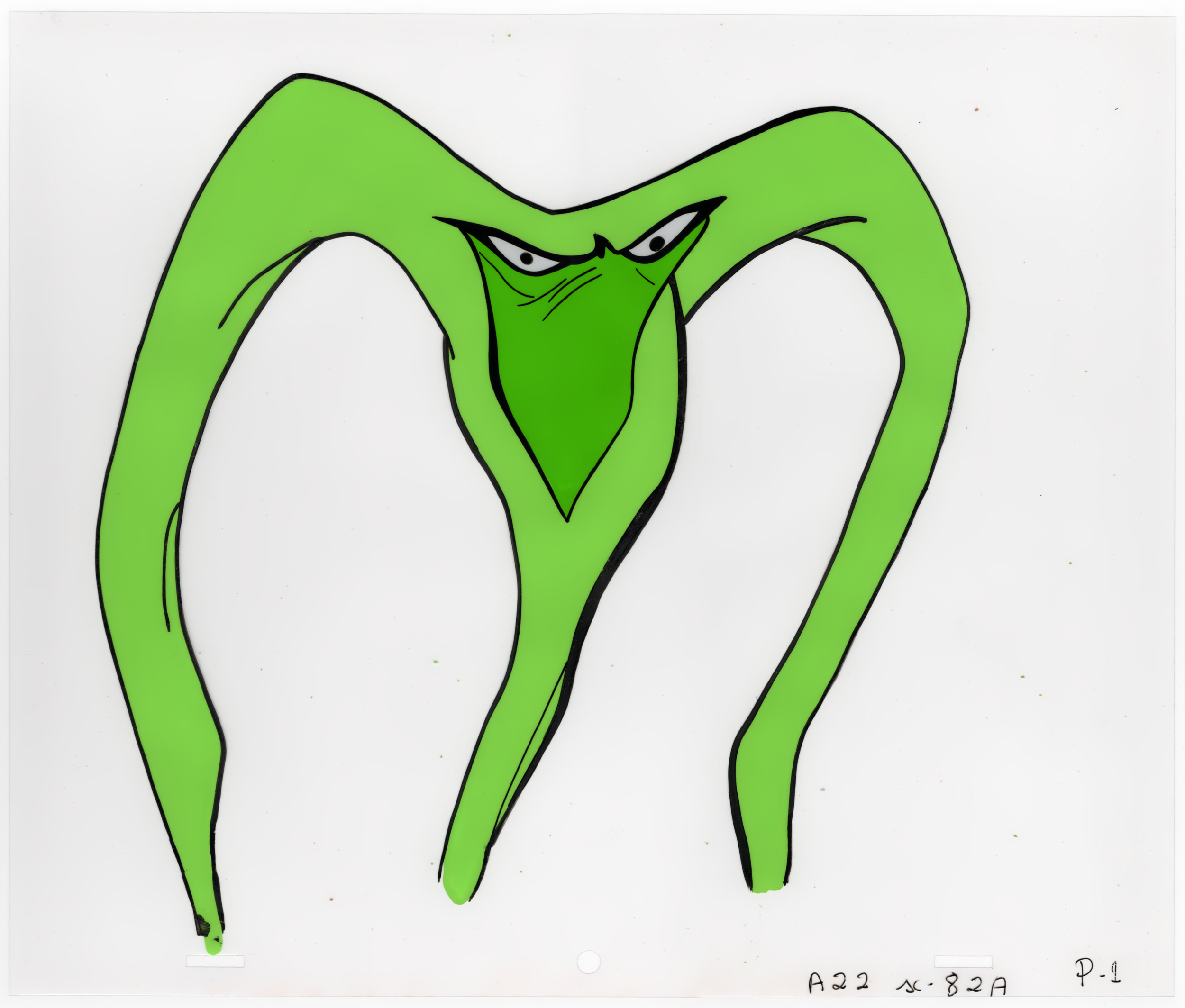 A scientific illustration of a green frog with black outlines, showing detailed facial features, limbs, and body in a stylized and exaggerated manner.