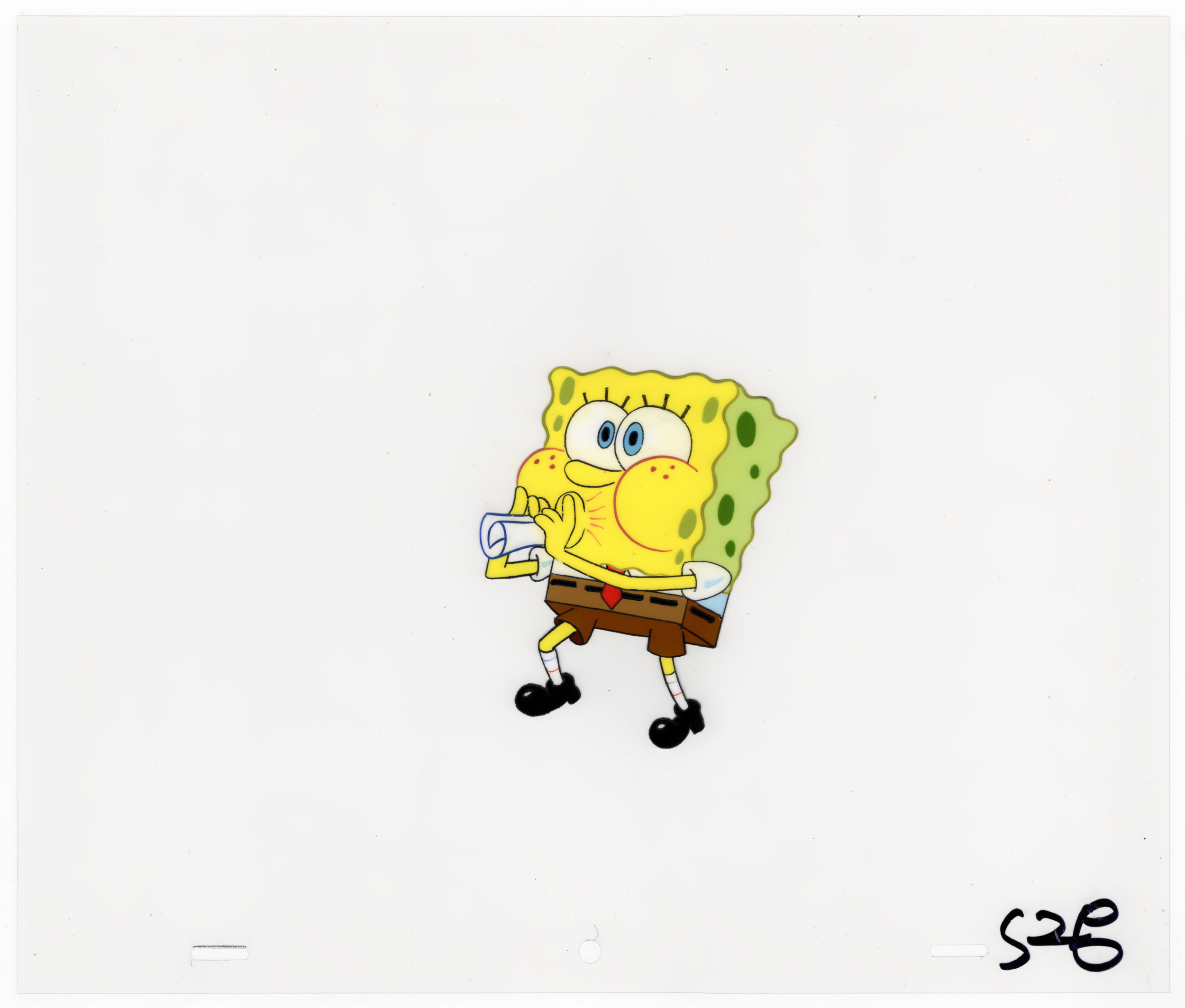 A cartoon image of SpongeBob SquarePants, a yellow sea sponge with large blue eyes, wearing a white shirt, red tie, brown square pants, and holding a white paper, standing on a white background.