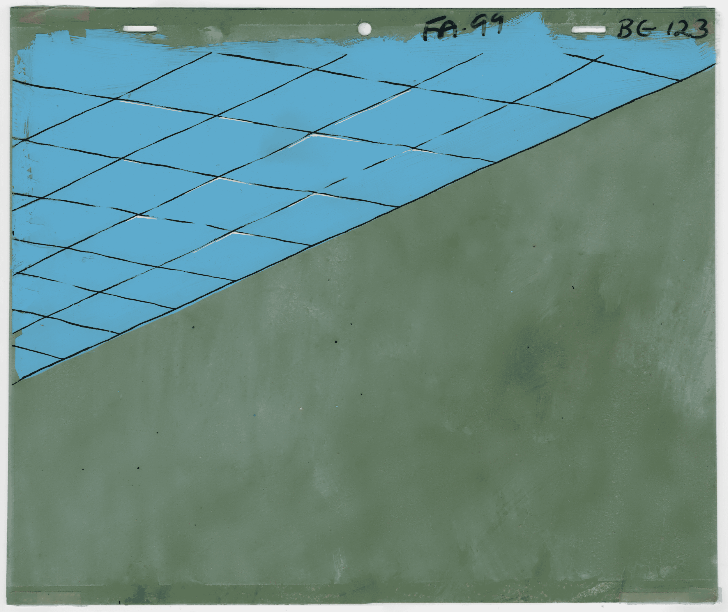 A green chalkboard with grid lines in blue chalk and handwritten notes in black marker.