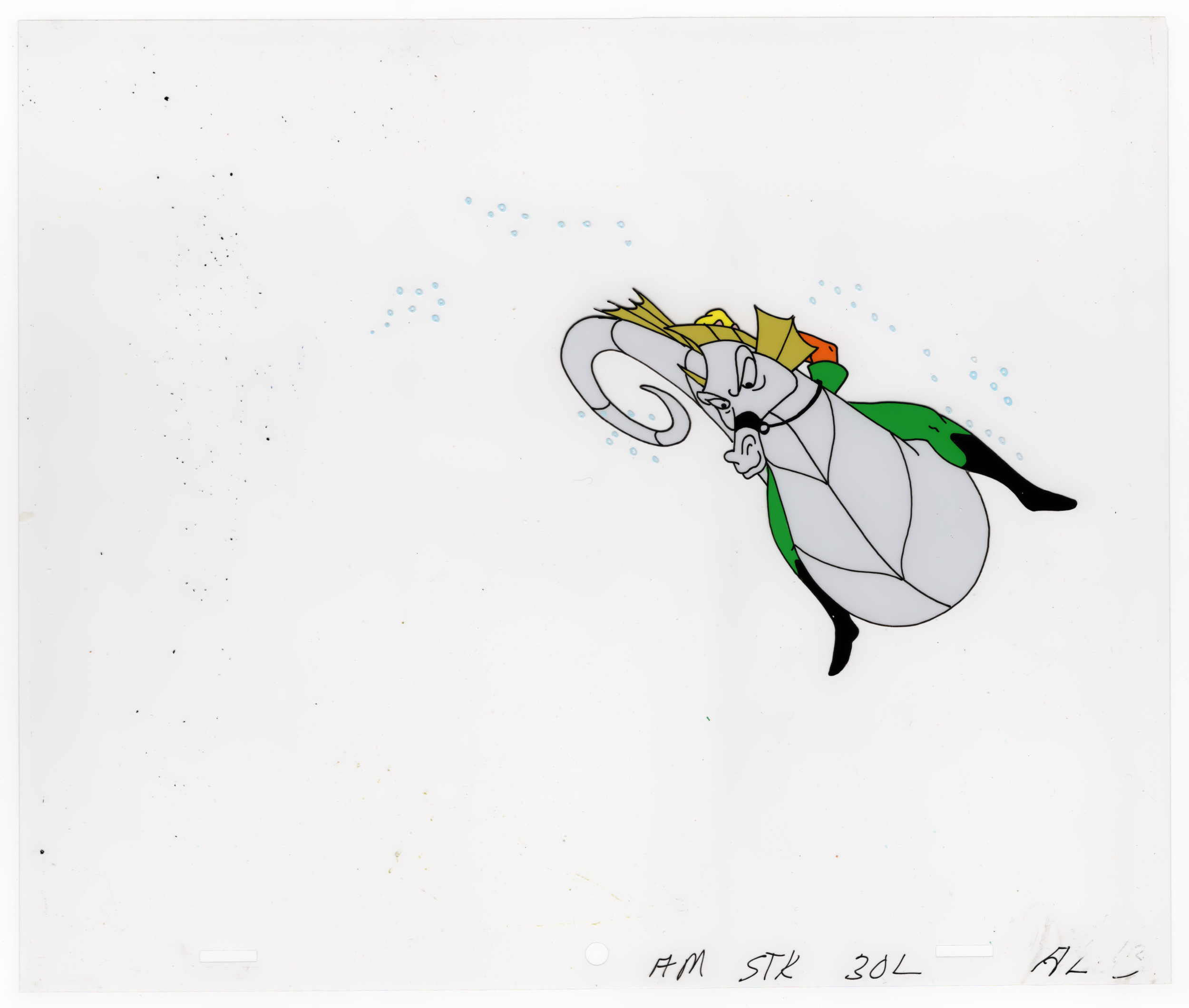 Illustration of a cartoon canine character with a yellow mane and green cape, saluting in a snowy landscape with light blue snowflakes.
