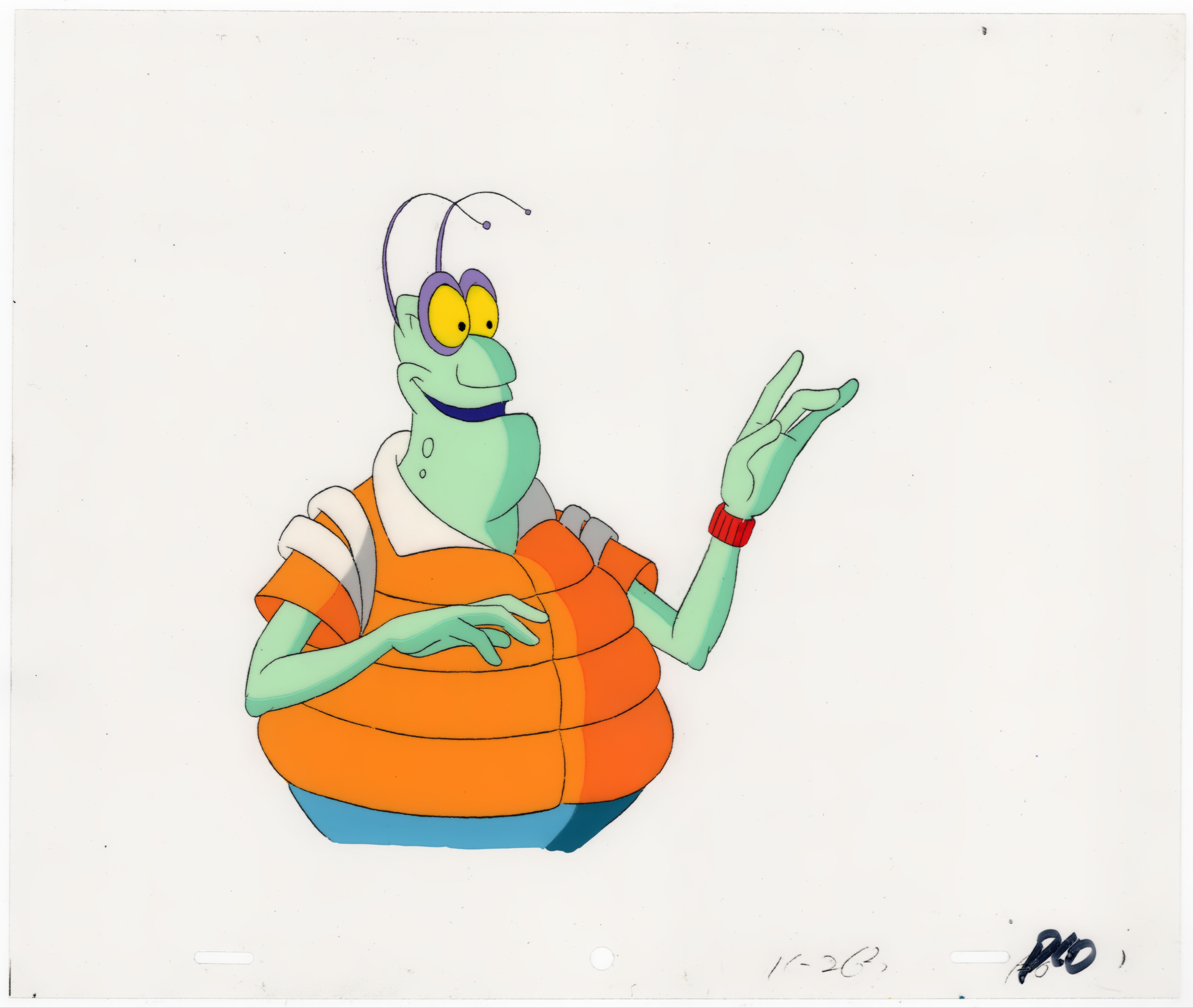 Colorful illustration of a cartoon character with green skin, large yellow eyes, and gray antennae, wearing an orange striped shirt, and making a hand gesture with an expressive face.