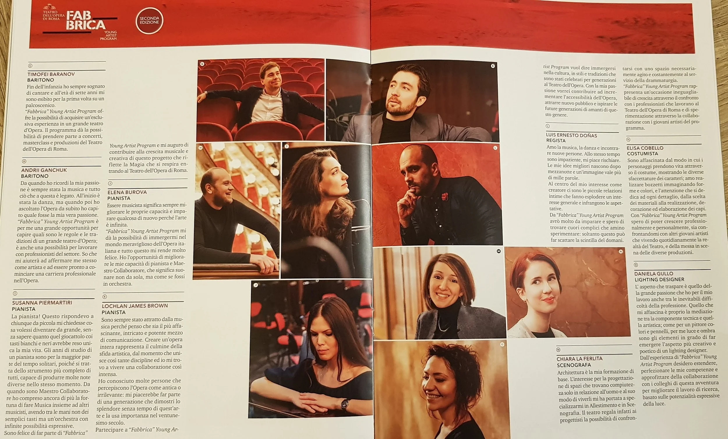 A magazine spread featuring several portraits of individuals, mostly sitting and posing for the camera, with some in theatrical or performance settings, accompanied by Italian text providing descriptions and names of the people.