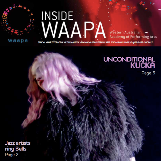 Newsletter cover titled 'Inside WAAPA,' an official publication of the Western Australian Academy of Performing Arts, Edith Cowan University. The cover features a woman with lavender hair wearing a black feathered garment in a dance pose, against a dark background with red lighting effects.