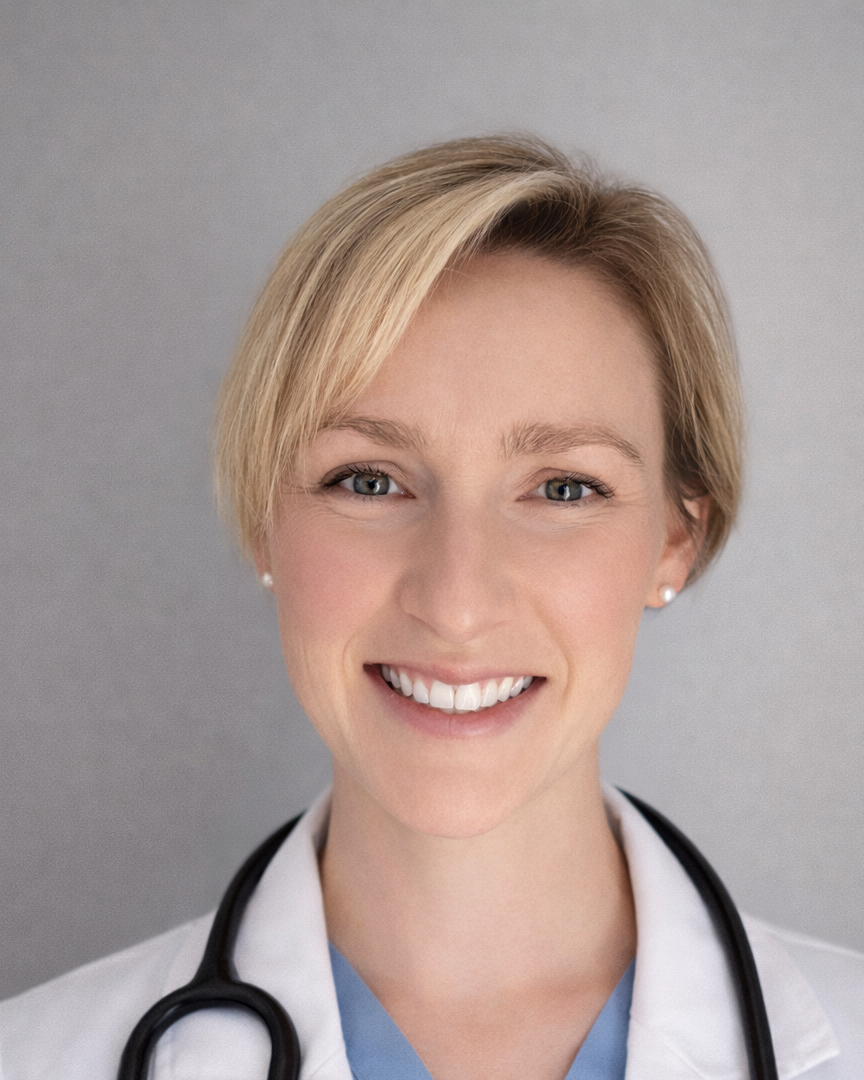 A female doctor or medical professional smiling at the camera, wearing a white coat and stethoscope around her neck, with a neutral background.