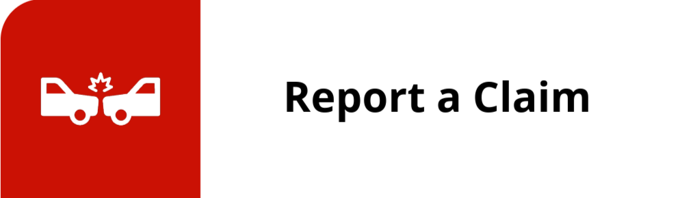 A red and white graphic with a Canadian flag maple leaf, a car, and a claim report message.