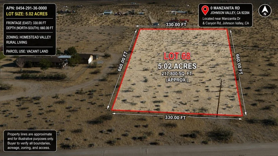 What looks like an empty piece of desert becomes a clear opportunity when presented the right way.

By adding accurate lot outlines, dimensions, acreage, APN information, and clear visual context, we turn a simple drone photo into a marketing asset t