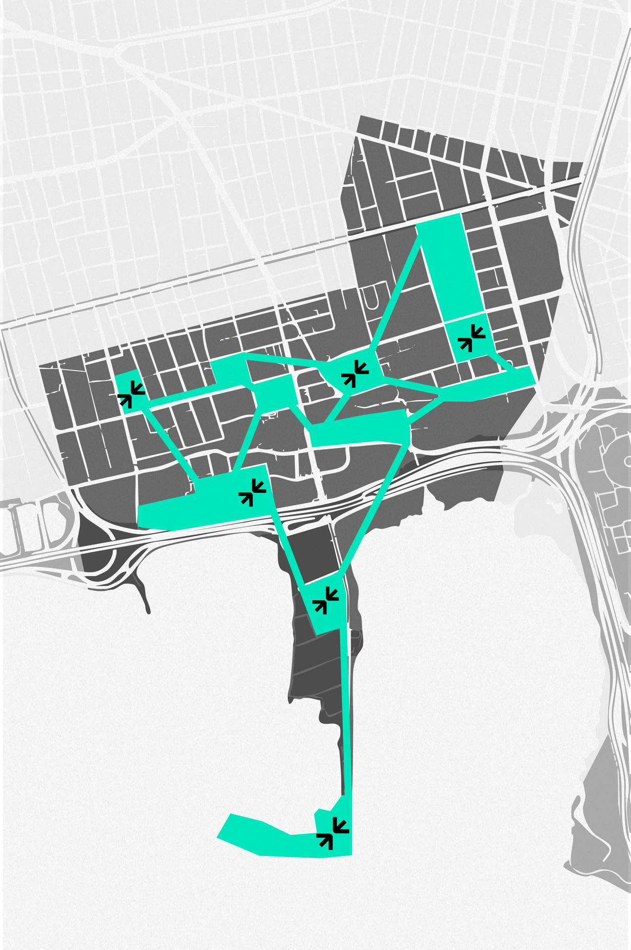 Map showing a public transportation route with multiple stops, highlighted in turquoise, marked with arrows indicating direction, on a city street map.