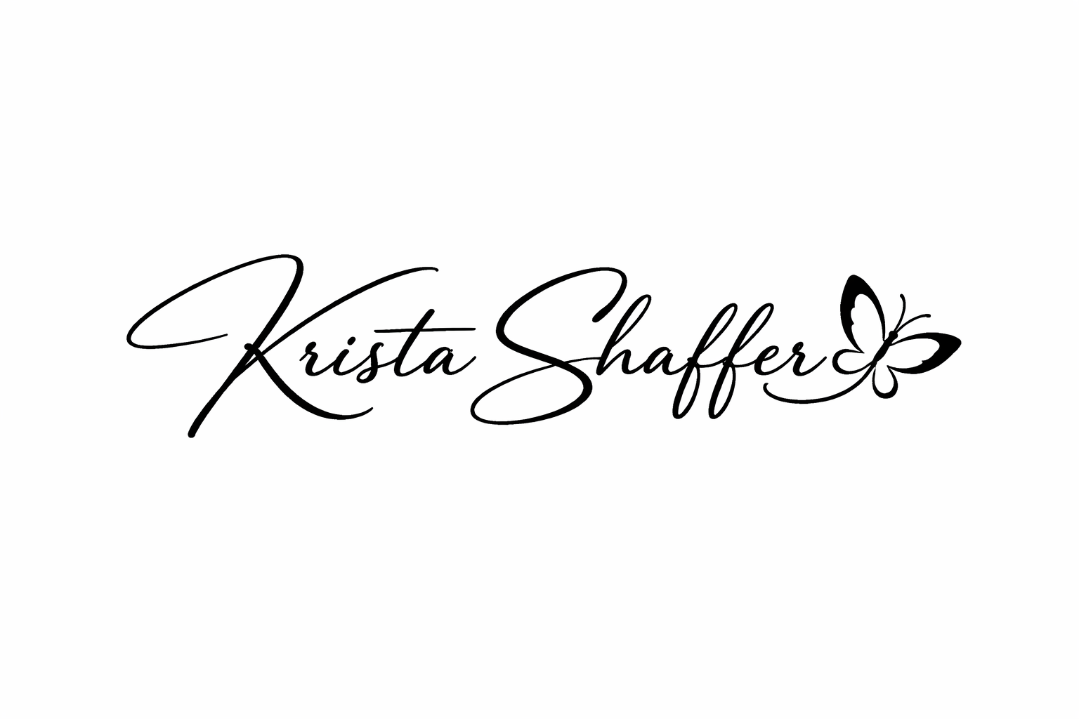The name 'Krista Shaffer' written in elegant black cursive script with a butterfly design integrated into the text on a white background.