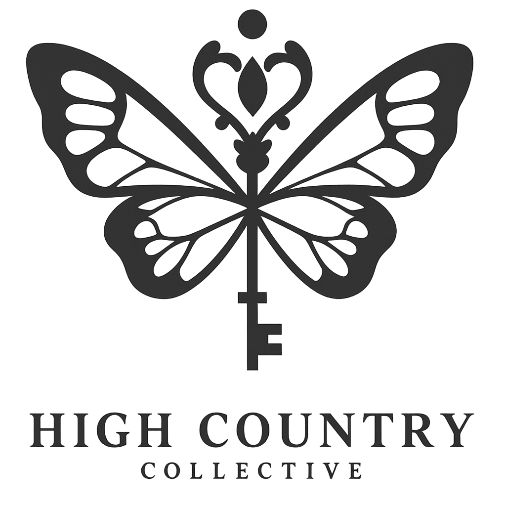 Black and white logo featuring a butterfly with a key integrated into its body, and the words 'HIGH COUNTRY COLLECTIVE' below.