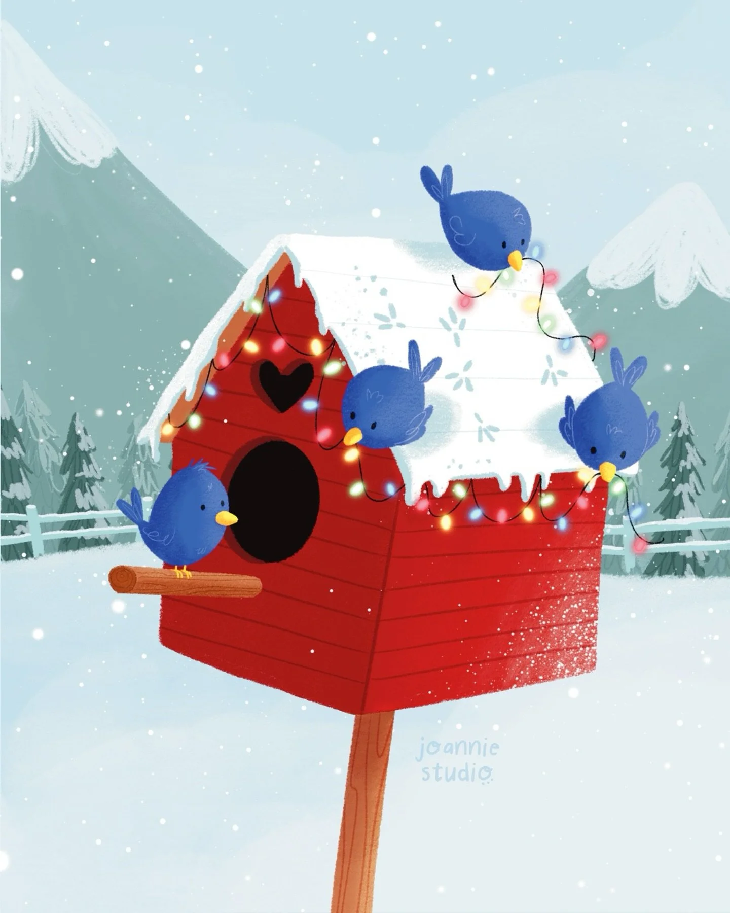 The little bluebirds are getting ready for Christmas! 🎄
Their tiny birdhouse is all lit up and cozy for the holidays! ✨
Are you decorating early this year or waiting a little longer? 👀🎁

✨ Pssst&hellip; my Christmas cards &amp; stickers are going 