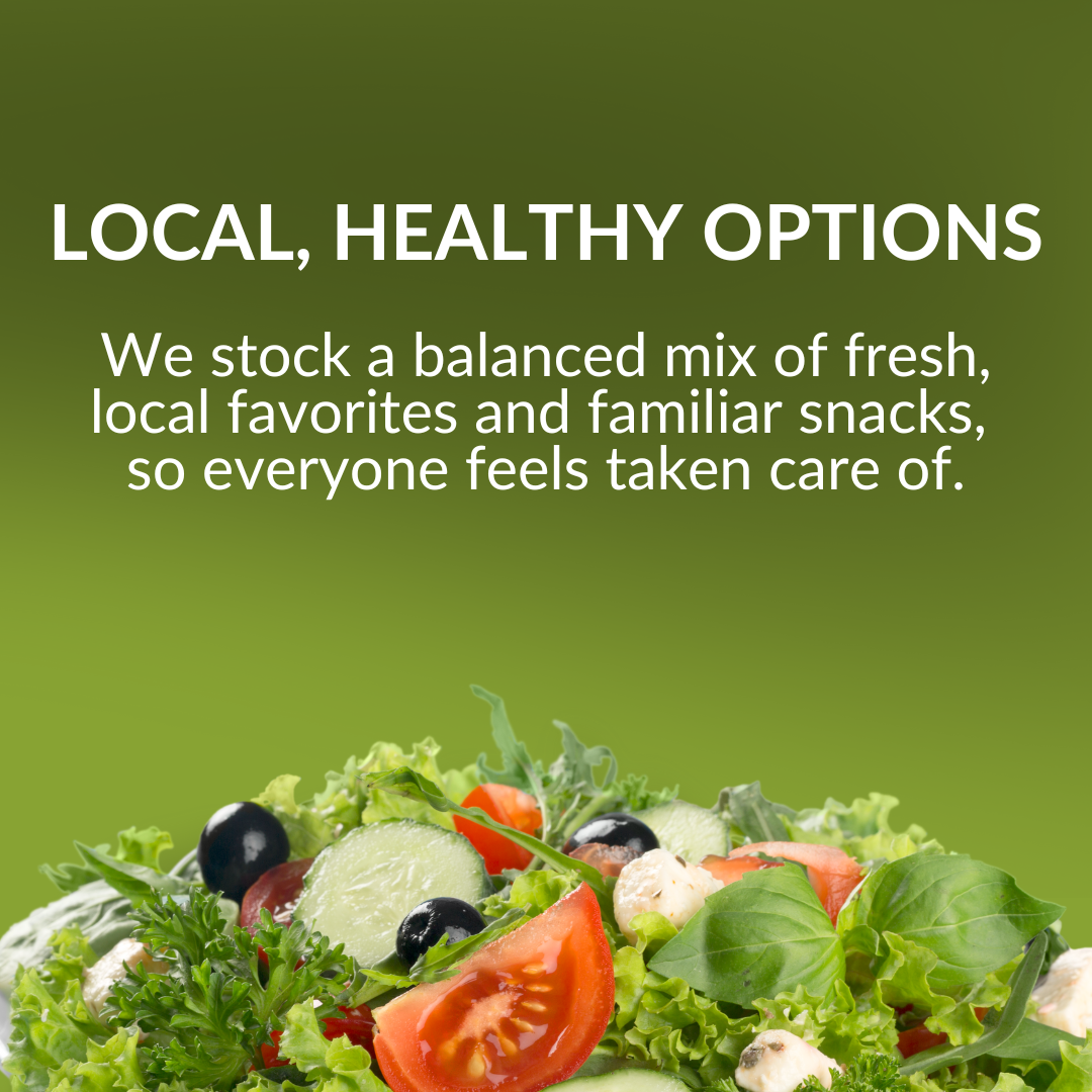 A fresh salad with tomatoes, cucumbers, black olives, and leafy greens on a plate, with an informational text about local, healthy food options, set against a green background.