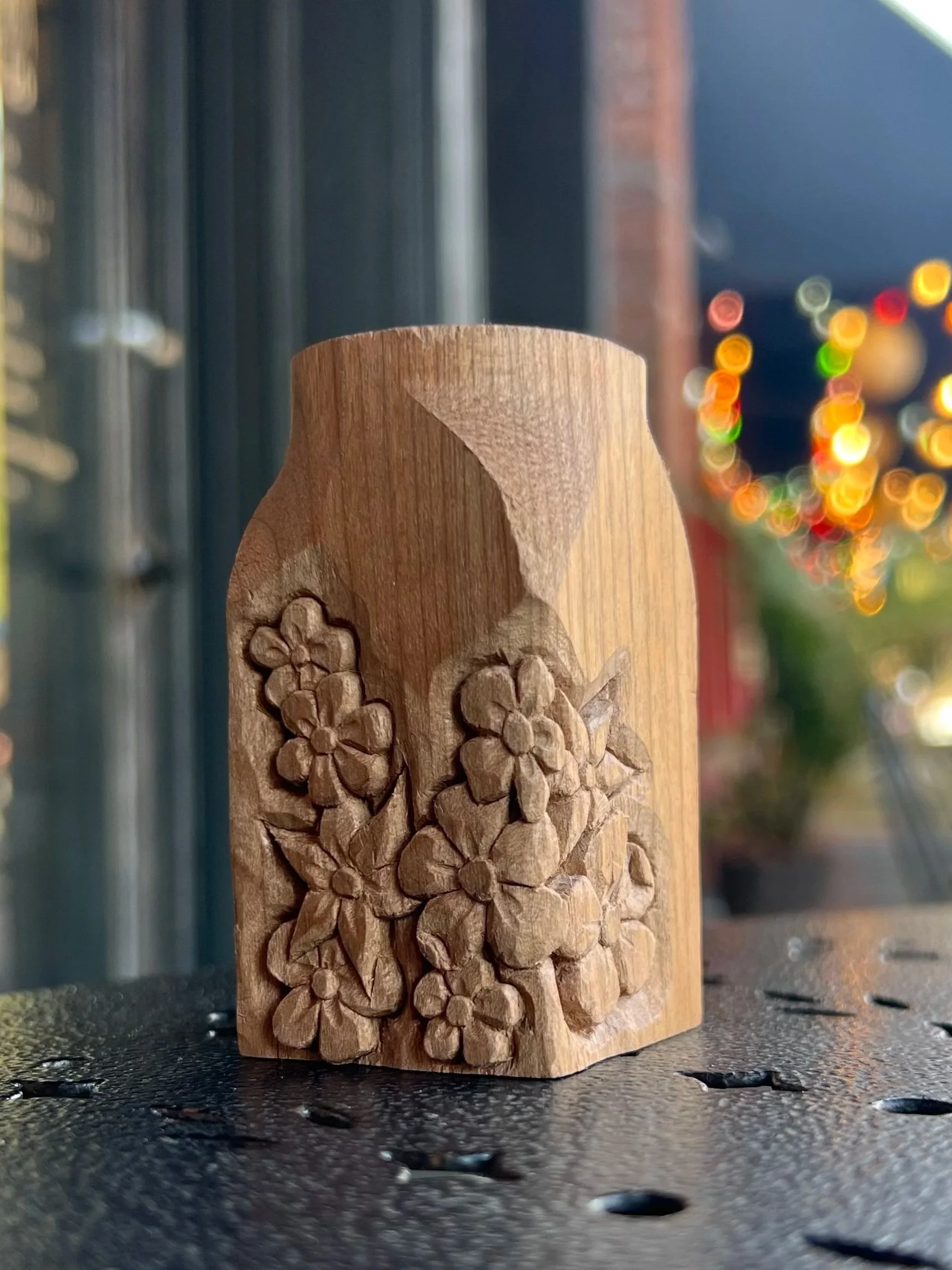 "Flowers In Community" Hand carved dried flower vase, unfinished, scrap wood. Make Art Outside series, relief carved. 