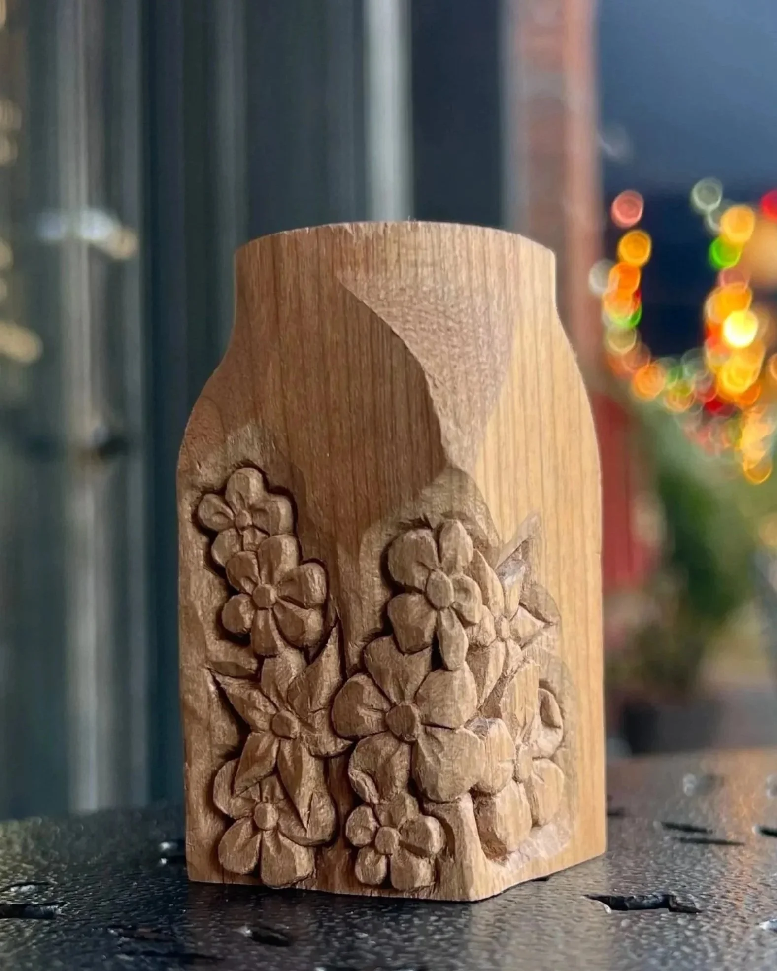 "Flowers In Community" Hand carved dried flower vase, unfinished scrap wood. Make Art Outside series, relief carved. 