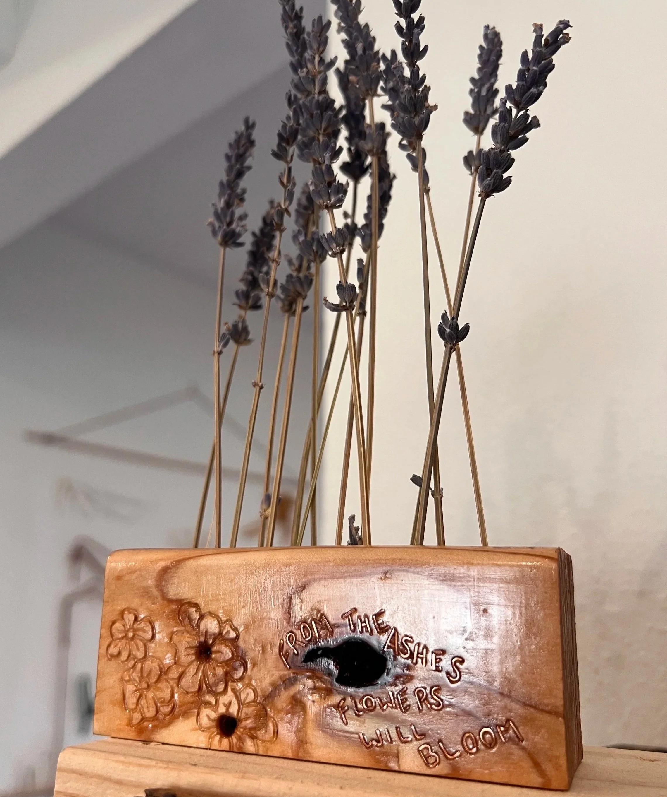 "From the Ashes, Flowers will Bloom". Hand and power carved dried flower vase, Scrap Wood with wire inlay, finished with polyurethane. 