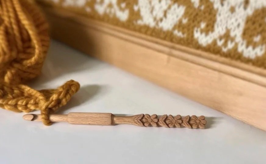 "Crochet Outside" Hand Carved Crochet Hook, Oak Wood from scrap, finished with tung oil. Make Art Outside series.