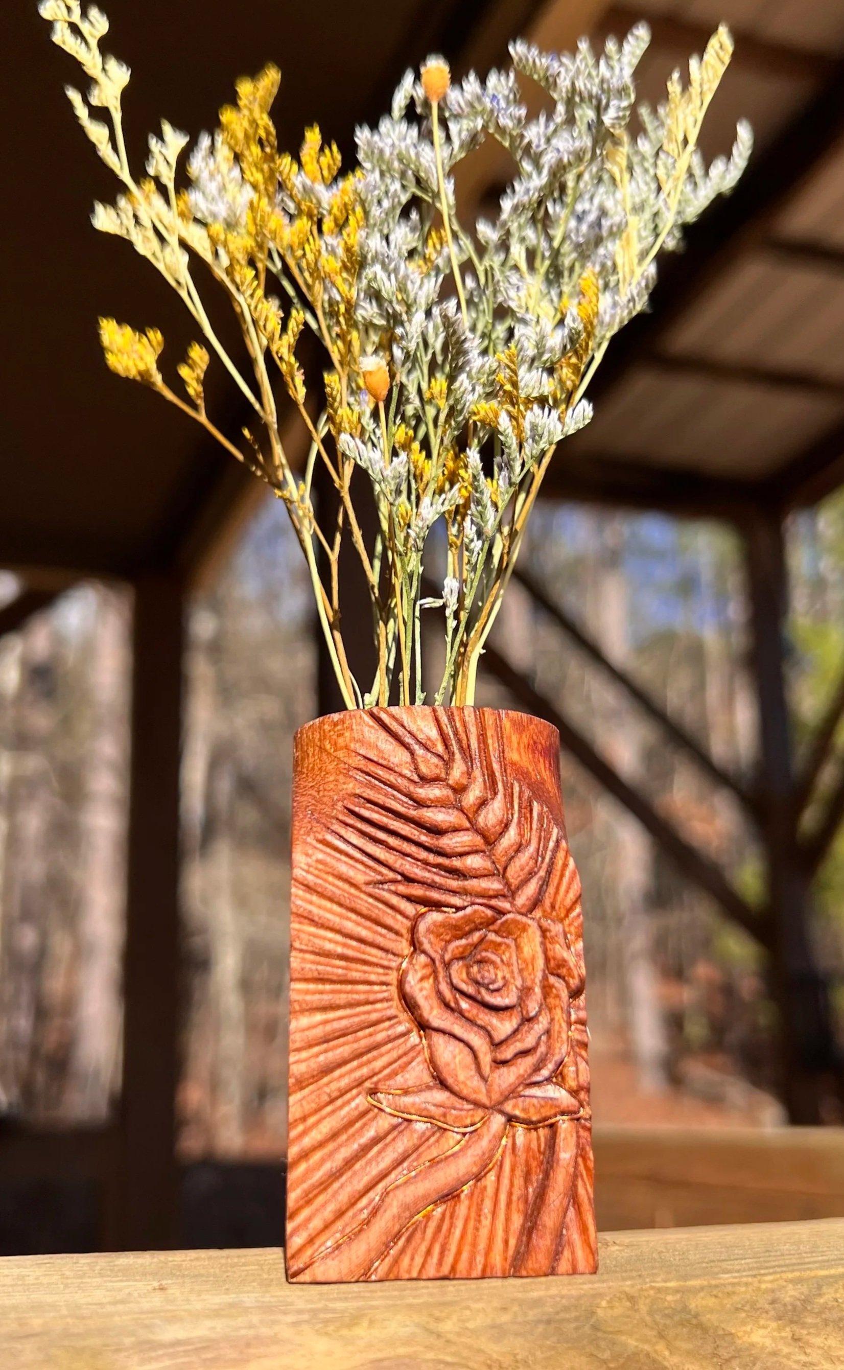 "Bread and Roses" Hand carved dried flower vase, unfinished, scrap wood and metal inlay. Bread and Roses series, relief carved motif.