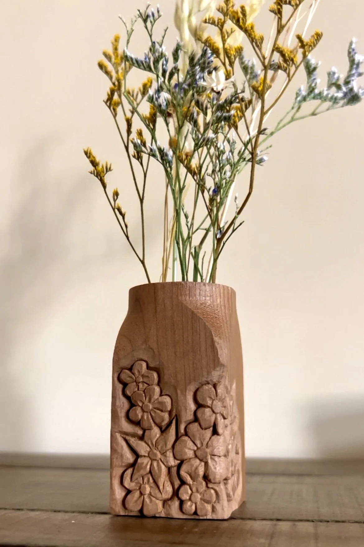 "Flowers In Community" Hand carved dried flower vase, unfinished scrap wood. Make Art Outside series, relief carved. 