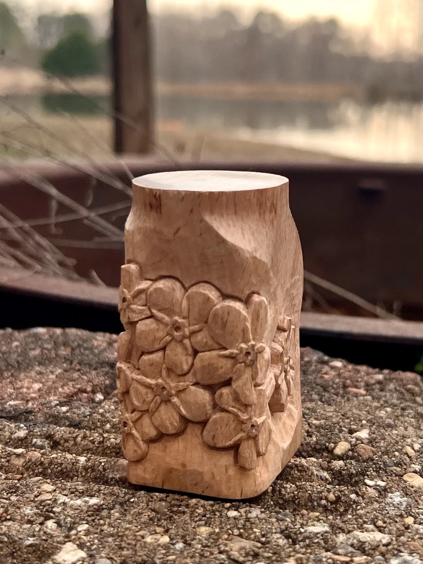 "Forget-me-not" Hand carved dried flower vase, unfinished, scrap wood. Make Art Outside series, relief carved.