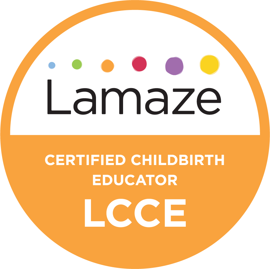 A circular badge with orange border and orange bottom half. The top half has the word 'LamaZe' with six colorful dots above it. The bottom half reads 'Certified Childbirth Educator LCCE' in white letters.