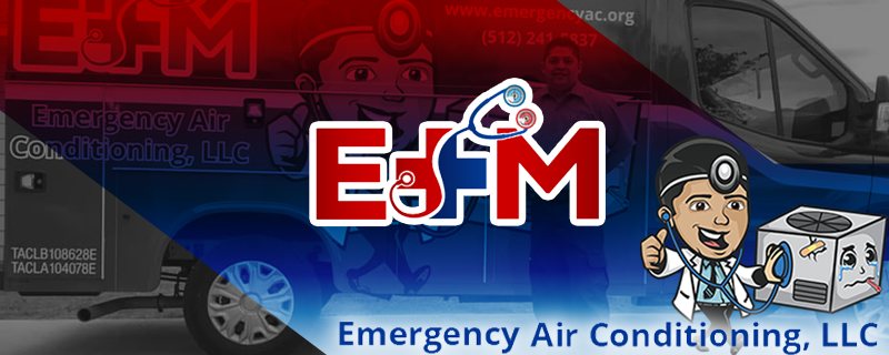 Logo for Emergency Air Conditioning, LLC on a vehicle with a cartoon doctor holding a stethoscope, and a smiling mechanic, with the company website and contact number in the background.