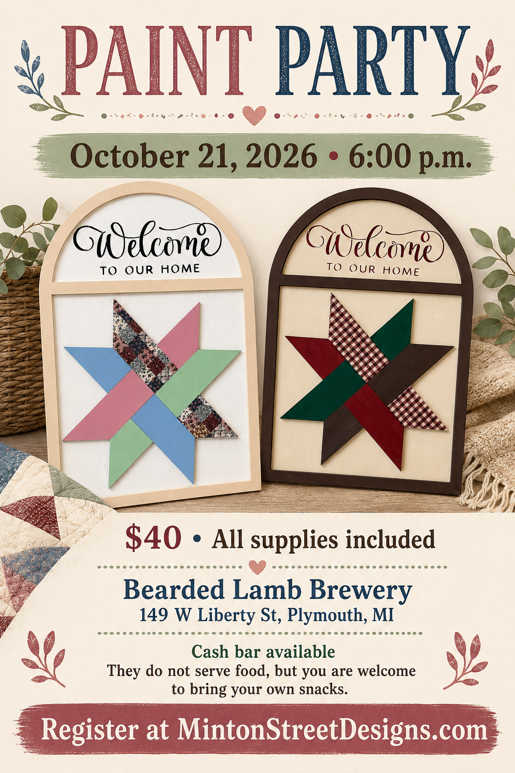Quilt-Star Welcome Sign Paint Party – October 21