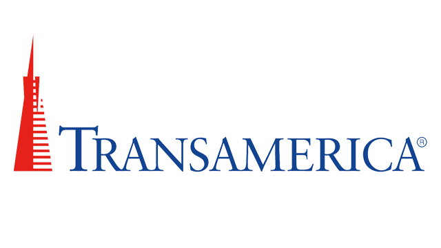 Logotipo de Transamerica con una torre en color rojo y el nombre en azul.