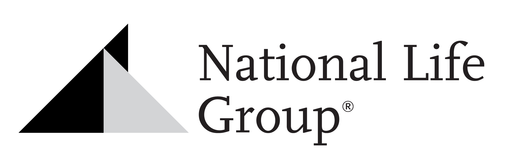 Logo de la National Life Group, con un triángulo gris claro y texto negro a la derecha.