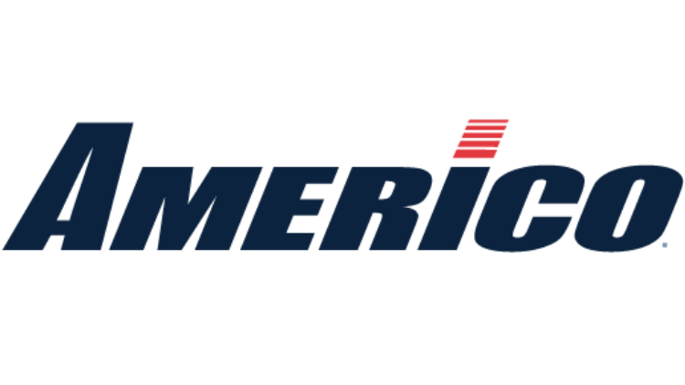 El logotipo de la marca 'Américo' en colores azul oscuro y rojo.