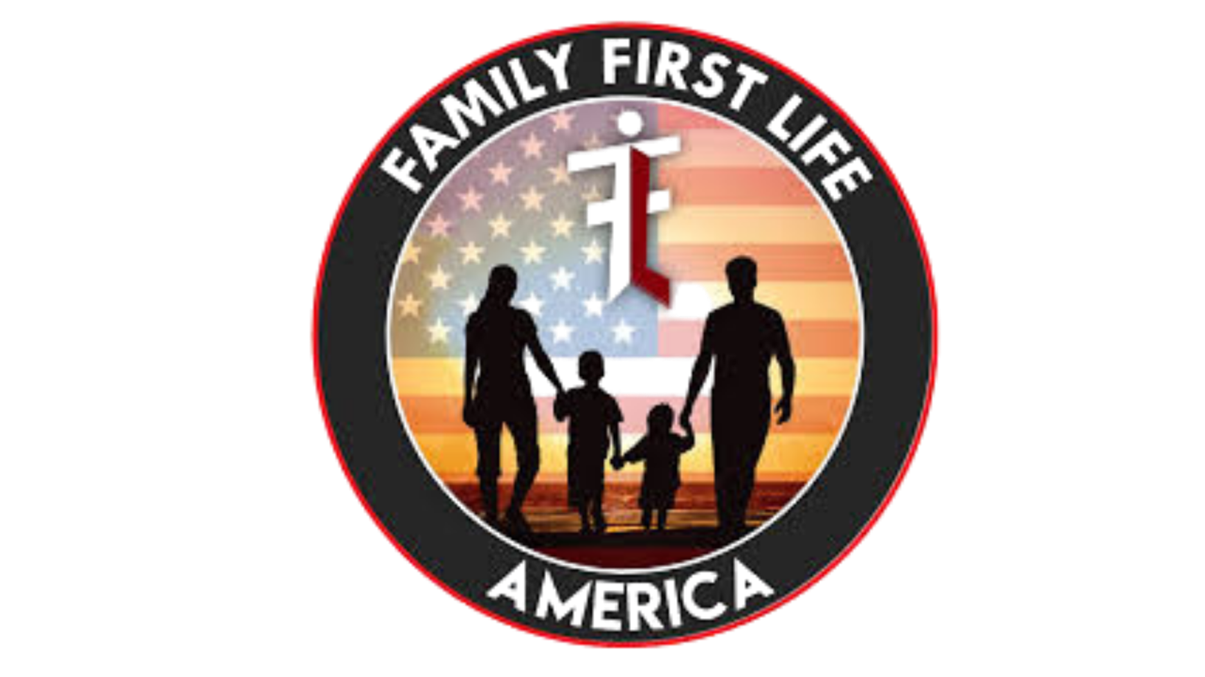 Un reloj con fondo de la bandera de Estados Unidos y siluetas de una familia caminando en la playa. La parte superior del reloj dice 'HAPPY FIRST LIFE' y en la parte inferior 'AMERICA'.