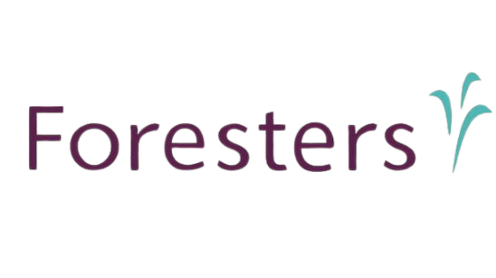 Logotipo de 'Foresters' con letras moradas y un símbolo de agua y plantas en color teal y rojo a la derecha.