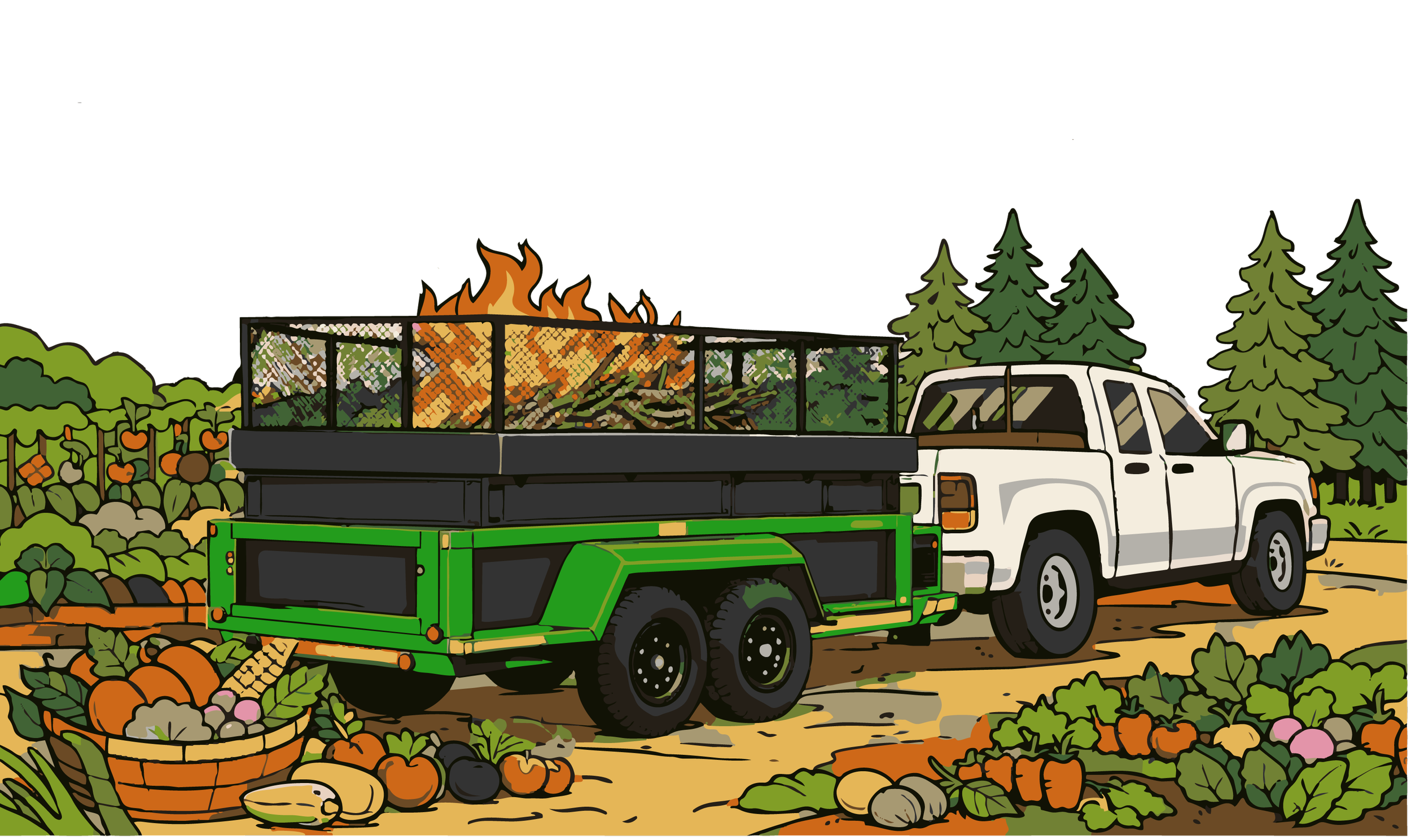 A pickup truck pulling a trailer with a fire on top, in a farm field with pumpkins, vegetables, and trees in the background.