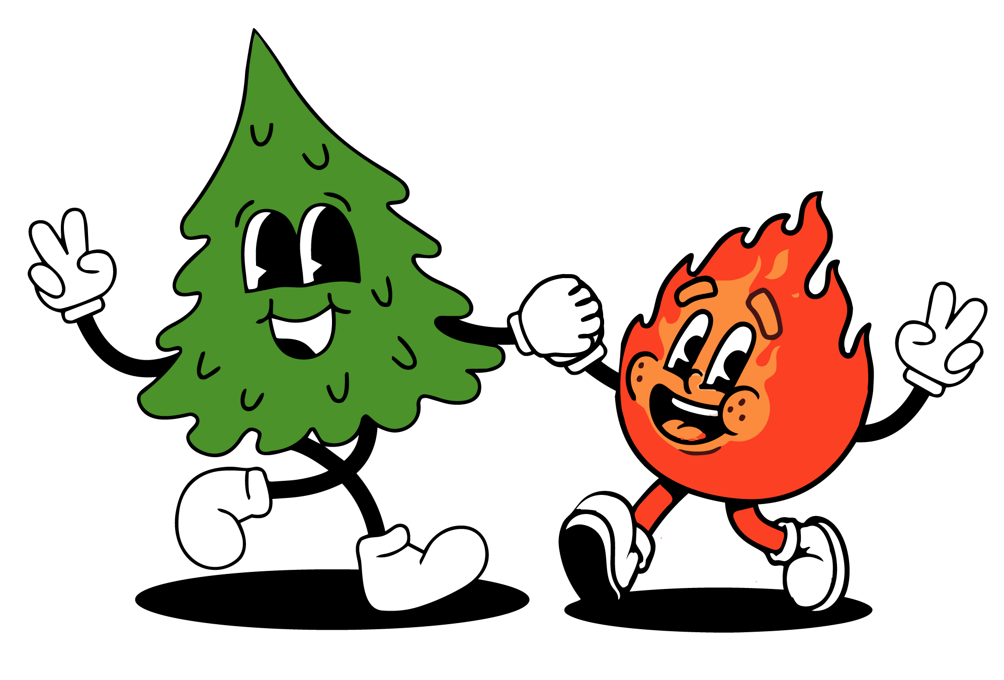 Animated green Christmas tree and red flame character happily dancing and high-fiving against black background.