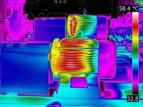 Infrared thermal image of mechanical equipment showing heat distribution, with the hottest areas in red and yellow, and cooler areas in blue and purple.