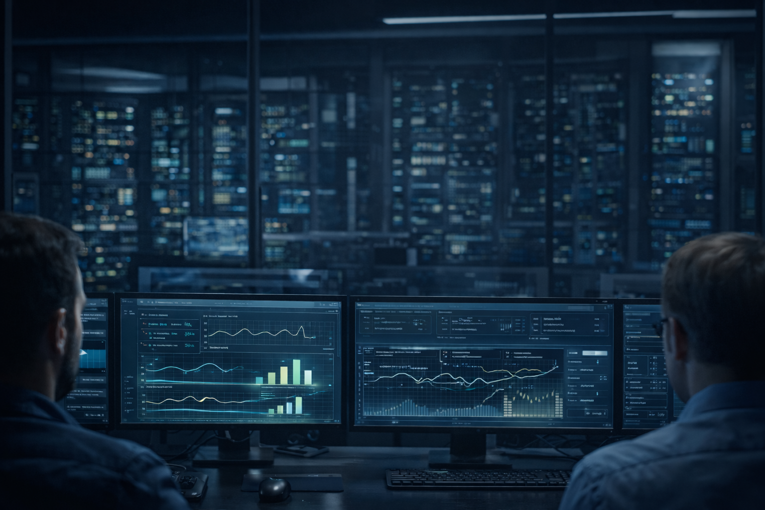 Two people working at a computer with multiple monitors displaying financial graphs in a high-tech office, overlooking a city skyline at night.
