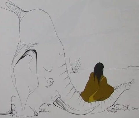 An illustration of a girl sitting next to a large elephant, with minimal outlines and some colored elements. Illustration by Peter Parnall book by Byrd Baylor