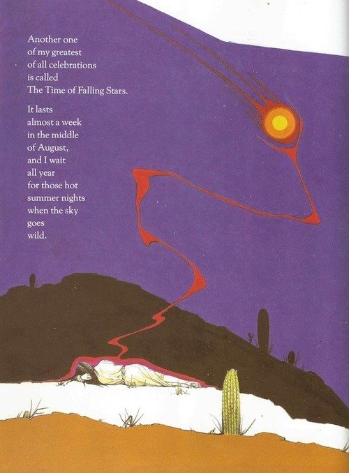 Illustration of a woman lying on the ground in a desert landscape with cacti, under a starry purple sky. A shooting star is visible. Illustration by Peter Parnall book by Byrd Baylor