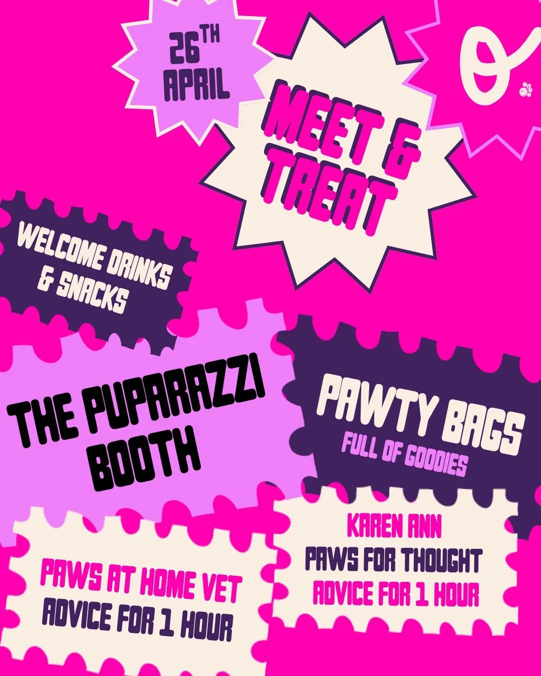 Here&rsquo;s what&rsquo;s waiting for you at the Oodles Meet &amp; Treat Pawty...
~ Advice from Paws at Home Vet 
~ Advice from Karen Anns Paws for Thought Dog Training 
~ Photo sessions with The Puparazzi (limited availability)
~ Welcome drink + dog