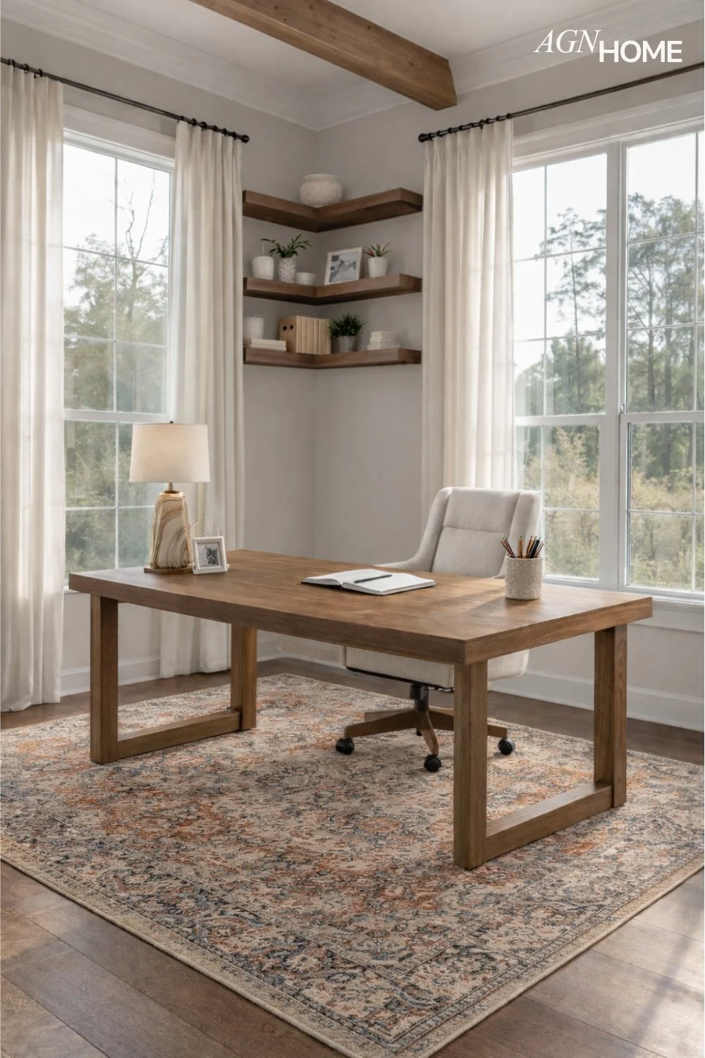 Modern Home Office with Solid Wood Desk &amp; Vintage Rug